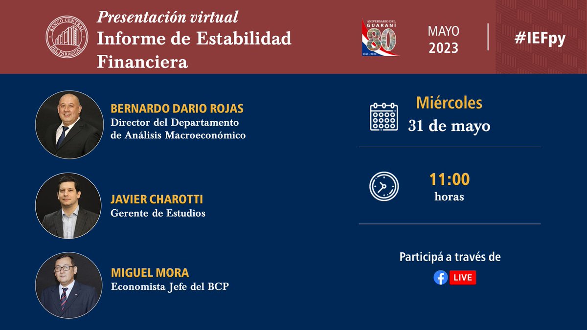 BCP_PY's tweet photo. EN VIVO | Presentación del Informe de Estabilidad Financiera, correspondiente a mayo 2023.
#IEFpy

Miércoles | 31 | mayo
11.00 horas

Transmisión vía Facebook Live: https://t.co/Ctusz0JVFu https://t.co/9hzH4ih4ED