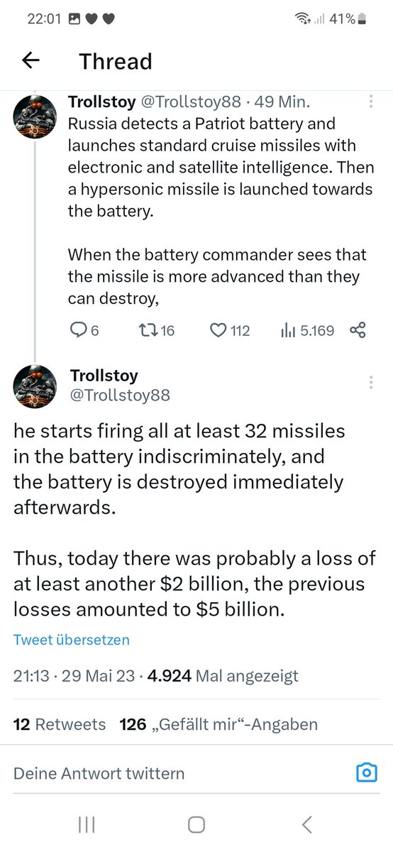 Wenn es in der Taktung weitergeht, dann hat Russland bis zum Herbst mehr Patriot Batterien zerstört, als überhaupt gebaut wurden. 🤣 Bisher keine Belege, dass überhaupt nur ein Fahrzeug einer Batterie, welche aus jeweils 21+ Fahrzeugen besteht, zerstört wurde.