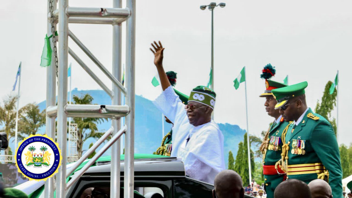 julius_maadabio's tweet photo. Today, I joined other world leaders to witness the formal inauguration of His Excellency Bola Ahmed Tinubu GCFR, as the President of the Federal Republic of Nigeria. 

The Government and good people of Sierra Leone wish the new president a prosperous tenure. We also wish the #Nigerian people a future filled with peace and prosperity. 

#Nigeria and #SierraLeone have always shared cherished and cordial relations. The relationship has continued and is evidenced in the socio-economic, technical, and security cooperation over the years, including the deployment of Nigerian troops in Sierra Leone to uphold peace and preserve democracy during our darkest years as a nation.

I look forward to working with President @officialABAT in sustaining the enduring bonds of partnership that exist between our two nations. 🇸🇱🇳🇬