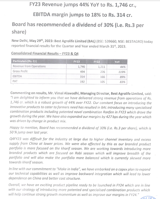 Best Agrolife Ltd 
Dividend: ₹3 

IG: instagram.com/aoiventures/ 
TG: t.me/AoI_VenturesLtd 
#Q4FY23 #FY23 #FY23Results #Q4Results #BESTAGRO