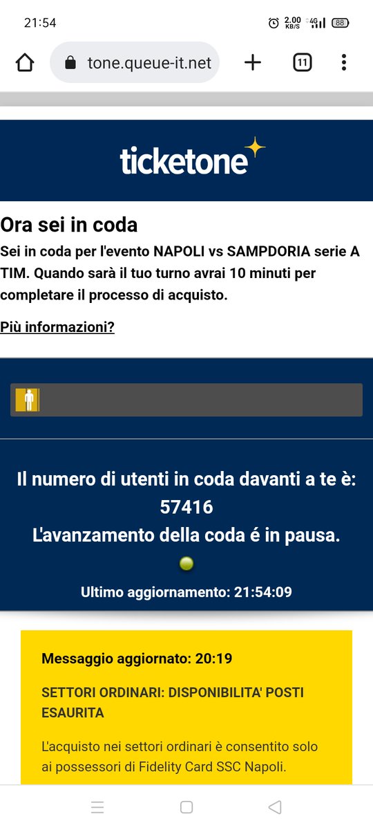 mi metto in coda per i biglietti alle 14,02 appena esce sul sito il link alle 3 mi apre la vendita e sono 61640, alle otto finiscono i biglietti e sono 57416. Supponendo che massimo si possono comprare 4 biglietti. Gli altri 23mila biglietti dove sono? #NapoliSampdoria #Ticketone