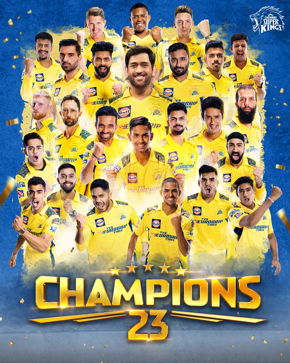 ChennaiIPL's tweet image. C. H. A. M. P. I. O. N. 5️⃣
#IPL2023Final #CSKvGT #WhistlePodu #Yellove 🦁