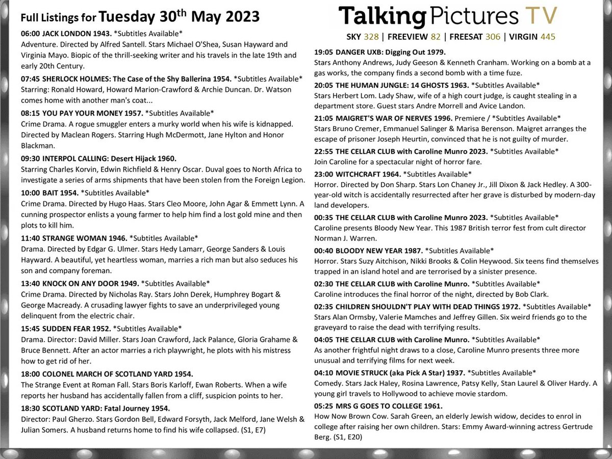 Full listings for tomorrow, Tuesday 30th May, on #TalkingPicturesTV