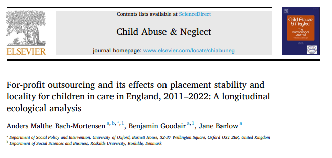 New paper with <a href="/AMBachMortensen/">Anders Bach-Mortensen</a> and Jane Barlow:

🏠Thousands of children in care are placed away from their local area
📈Outsourcing is strongly linked with distant placements
🚨Concerns are of increased vulnerability for children in isolation

A thread:

doi.org/10.1016/j.chia…