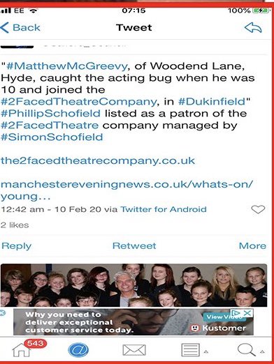 Salford_Council's tweet photo. " #MatthewMcGreevy, of Woodend Lane, Hyde, caught the acting bug when he was 10 and joined the #2facedtheatrecompany, in #Dukinfield " #PhilipSchofield listed as a patron of the #2facedtheatre company managed by #SimonSchofield
https://t.co/4085axcMgk
https://t.co/4CtahYoSfN https://t.co/ChGjIEeU7I