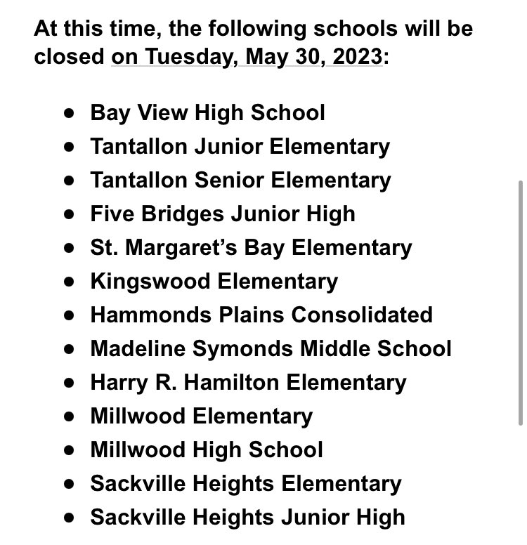 At this time, the following <a href="/hrce_ns/">Halifax Regional Centre for Education</a> schools will be closed on Tuesday May 30th, 2023. Stay safe #HammondsPlains #Tantallon