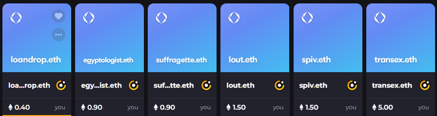 Got a few #ENS for sale on 
ens.vision/0x/8ballpirate
loandrop.eth 0.4e
egyptologist.eth  0.9e
suffragette.eth  0.9e
lout.eth 1.5e
spiv.eth 1.5e
transex.eth  5e

#ensdomains #ensdomain