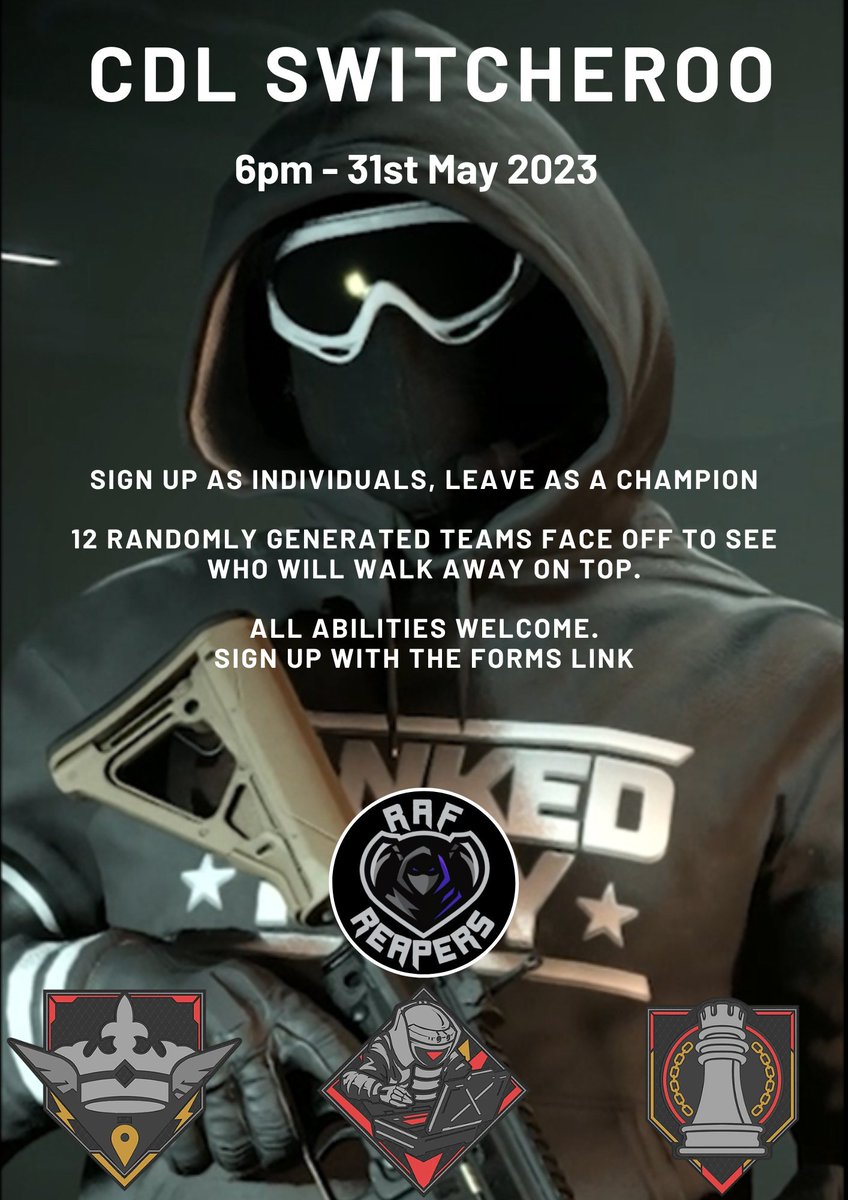 We're very pleased to announce the May 2023 Switcheroo! 

During this competition, 12 randomly selected teams of 4 from the UKAF will compete to be crowned CDL champs! Enter details below:

forms.gle/i8X69Mqu5E7DQ1… 

Join the discord:

discord.gg/tZFgSmQFza and sign up today!