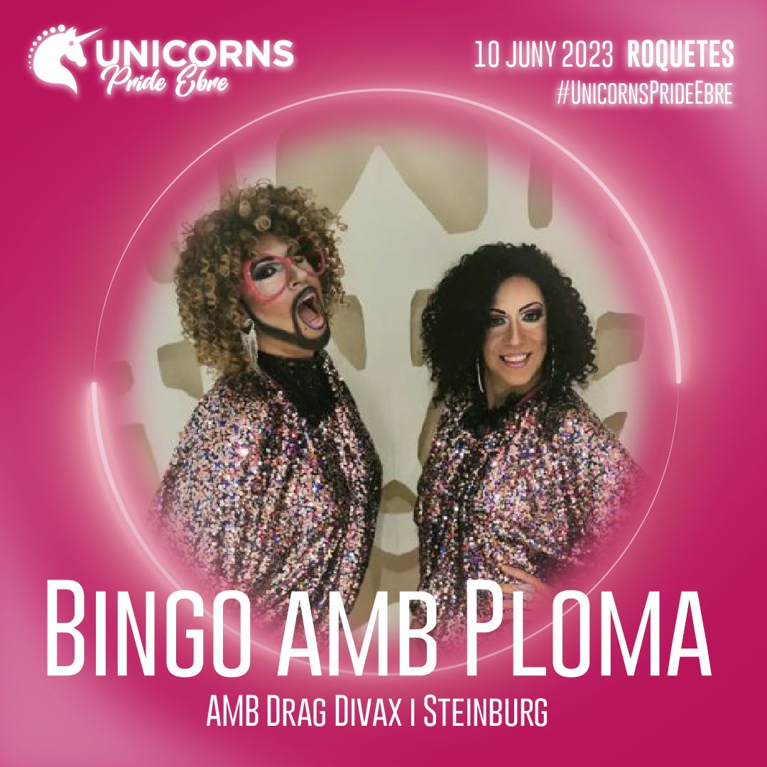 Al recinte de l'#UnicornsPrideEbre de #Roquetes es compraran els cartrons per al Bingo amb Ploma 🎰 que presentaran @dragdivax i Steinburg 💃🏼💃🏼 No només valdrà en cantar línia o bingo, caldrà atendre les peticions de les dues amfitriones! 😏 #pride #orgulllgtbiq #orgullrural #okp