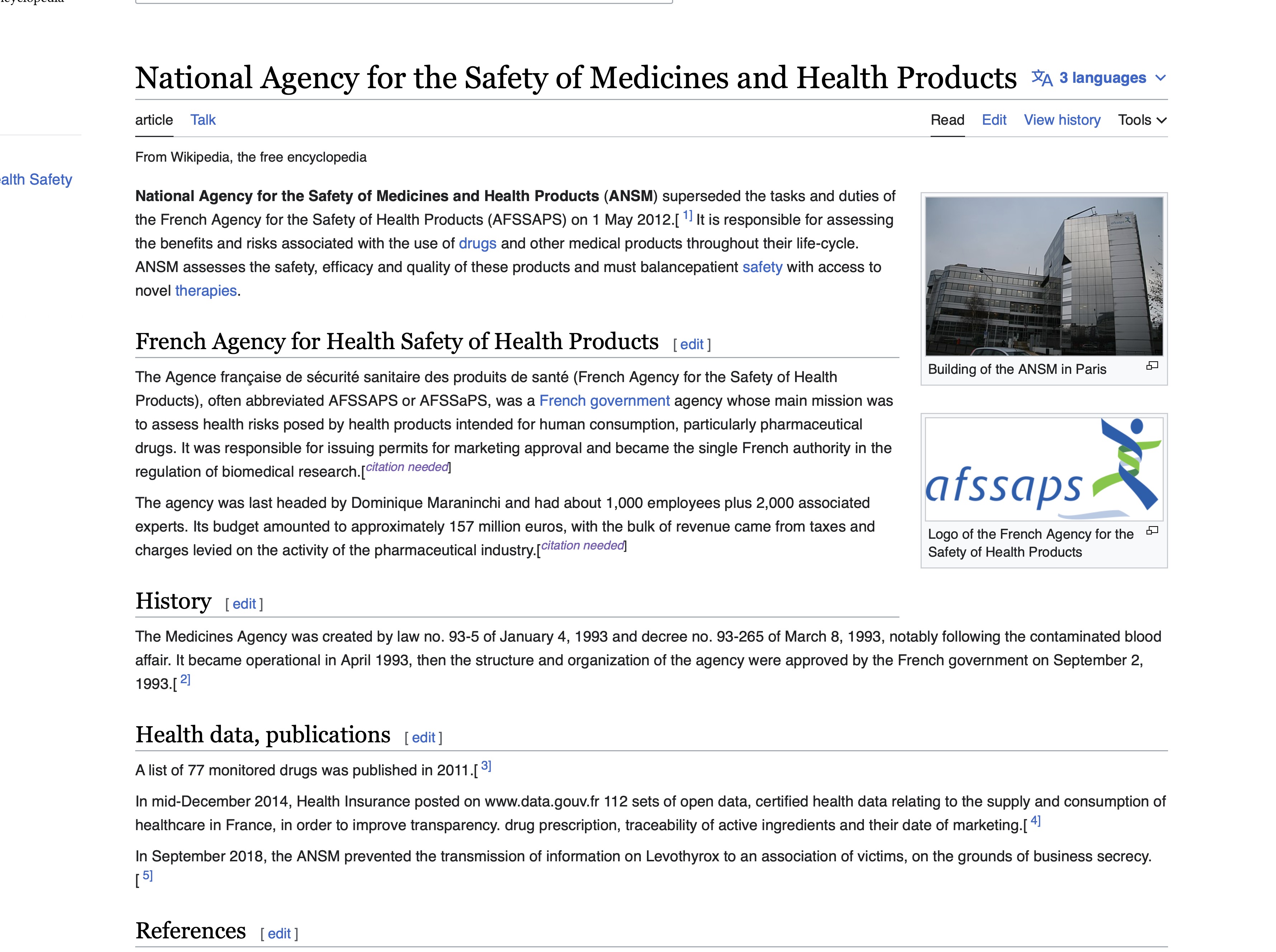 Agence Nationale de Sécurité du Médicament (ANSM) Wikipedia Page