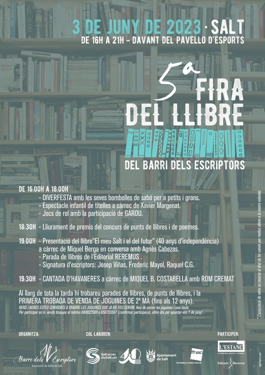 davidezq's tweet photo. No t'ho perdis aquest dissabte 5a #fira del #llibre a #salt fem #cultura  🏛 https://t.co/mlgLAzsgxj