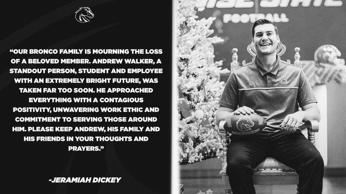 BroncoSports's tweet image. It is with great sadness we share Andrew Walker, a graduate assistant in football operations, passed away yesterday at the age of 23. Andrew collapsed during a run and was transported to a hospital where life-saving efforts were unsuccessful.