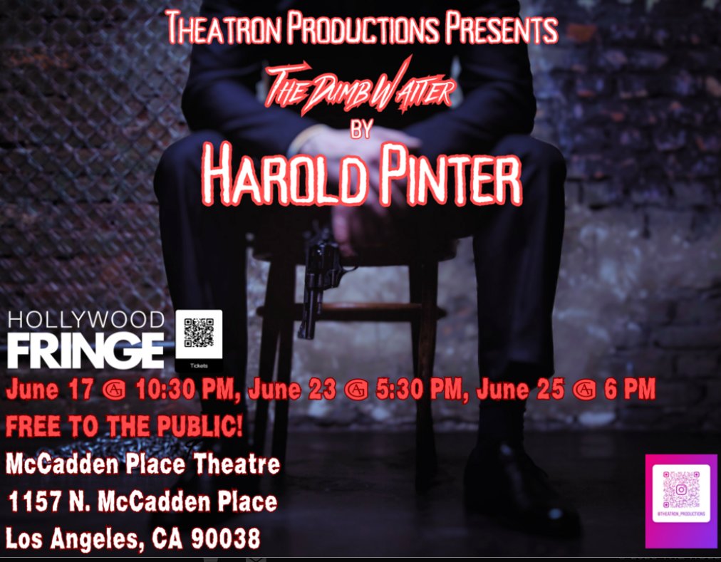 PLAYING AT THE 2023 HOLLYWOOD FRINGE- The Dumb Waiter @McCaddenTheatre #HFF23 #LATHTR @caligaytor #FAMILY @ryanholihan #lgbtqtheatre, #pride, #pinter, #absurdism, #losangelestheatre, #absurdism #modern #classic #theatre hollywoodfringe.org/projects/9542