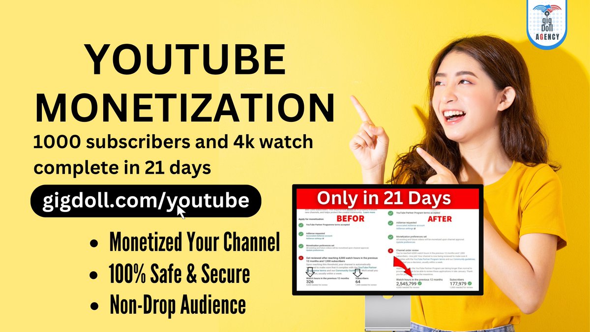 Boost Your YouTube Success with Organic Monetization Services! 
gigdoll.com/youtube/
#YouTubeMonetization #OrganicGrowth #MakeMoneyFromYouTube #YouTubeSuccess #BoostYourChannel #PassionToProfit
#youtube #promotion #buy #youtuber #youtubers #buylocal #youtubechannel