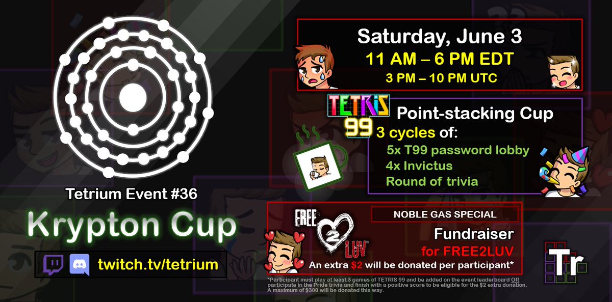 Get ready for the Krypton Cup this Saturday!! 🥳
This one is also a fundraiser for @FREE_2_LUV just like we did 3 yrs ago.
*I'll donate $2 per player who joins at least 3 lobbies*
(After Tetris 99, there will be Pride Trivia!) 👀
Everyone's welcome - no registration needed! 😎