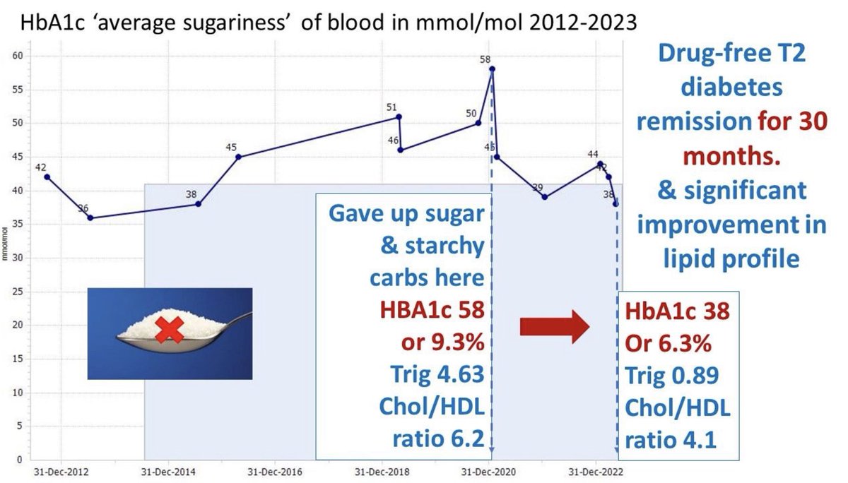 Graph of the week: cutting sugar and starchy carbs resulting in drug free T2D remission AND much improved lipid profile for this proud person Read how we have done this 129 times here nutrition.bmj.com/content/early/… @SBakerMD @GeorgiaEdeMD