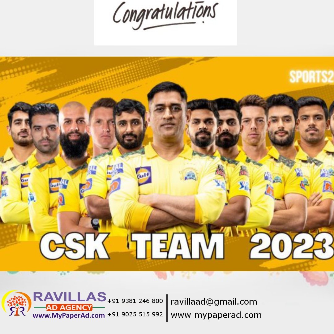 RAVILLASADAGENC's tweet photo. #IPL2023Finals #IPLFinal2023 #MSDhoni #CSKvsGT #GTvCSK
#CSKvGT #Congratulations
#csk  Jadeja
Congratulations CSK #Champions 🔥🔥 https://t.co/KiEbkwZLpY