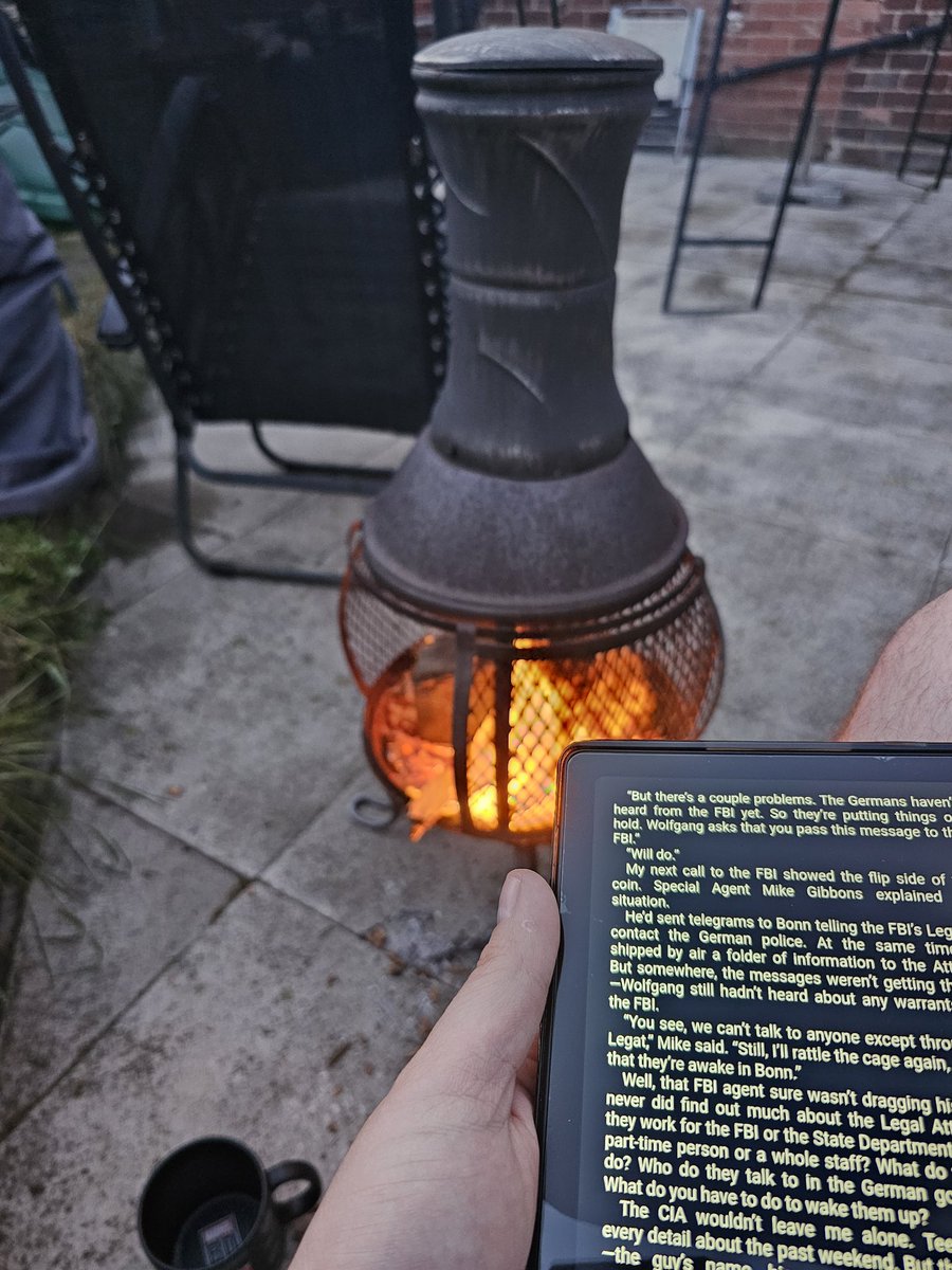 Chimnea on, book open on @LibbyApp, coffee on the go, heat from the fire and peaceful dusk birds tweeting, interspersed with the serenading of jet power as planes take off behind me from LPL JLA (bliss to an aviation geek like me!).  Happy half term everyone! #teacher5aday