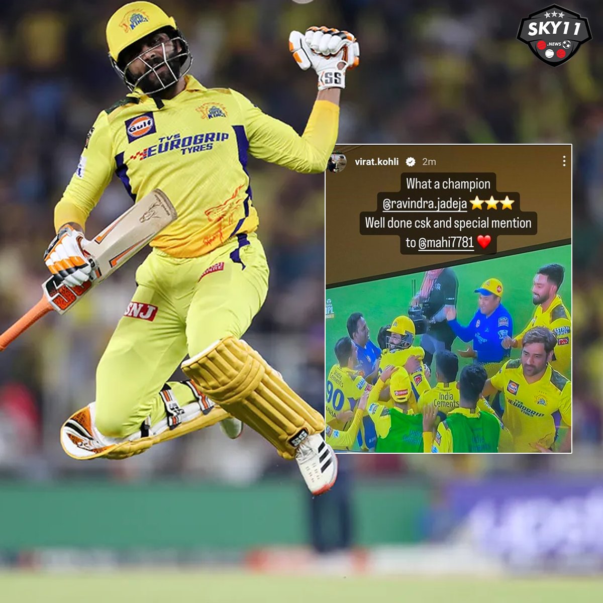 Virat Kohli lauds Ravindra Jadeja's courageous performance in the Indian T20 League 2023 final.

Photo Source - Virat Kohli/ Instagram

#SKY11 #MSDhoni #HardikPandya #Gujarat #Chennai #ShubmanGill #DeepakChahar #MohammedShami #Jaddu #RavindraJadeja #ViratKohli