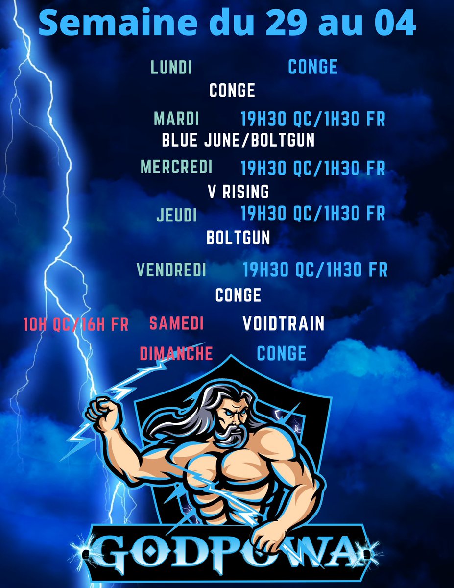 godpowa's tweet photo. Voici l'horaire! Ont commence par une petite Demo sur #Bluejune pour découvrir ce jeu #indiegames et nous commencons ensuite #Boltgun ! Un jeu de Warhammer a la DOOM année 90. Mercredi ont découvre V Rising! Ont termine la semaine sur #Voidtrain !
#twitch #streamer #games https://t.co/Dn7sjqZxJk