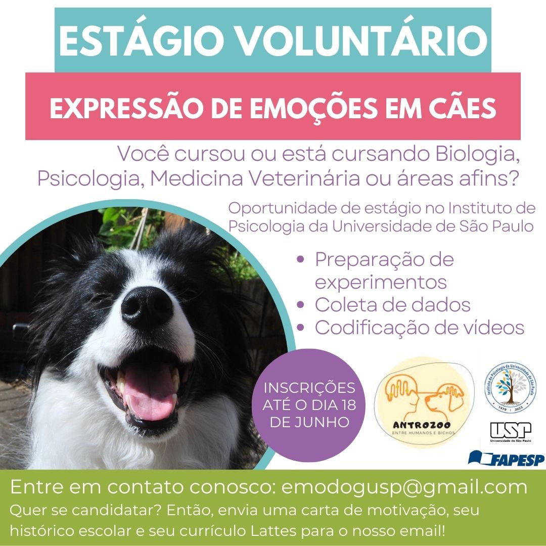 Natalia Albuquerque (@nsalbuquerq) on Twitter photo Quer trabalhar comigo em um projeto de expressão de #emoções em #cães, no Instituto de Psicologia da USP?
Então, manda email para emodogusp@gmail.com com seu currículo Lattes, histórico escolar e carta de motivação!
<a href="/usponline/">USP - Universidade de São Paulo</a> <a href="/cienciausp/">Ciência USP</a> <a href="/AgenciaFAPESP/">Agência FAPESP</a> <a href="/PesquisaFapesp/">PesquisaFapesp</a> Quer trabalhar comigo em um projeto de expressão de #emoções em #cães, no Instituto de Psicologia da USP?
Então, manda email para emodogusp@gmail.com com seu currículo Lattes, histórico escolar e carta de motivação!
<a href="/usponline/">USP - Universidade de São Paulo</a> <a href="/cienciausp/">Ciência USP</a> <a href="/AgenciaFAPESP/">Agência FAPESP</a> <a href="/PesquisaFapesp/">PesquisaFapesp</a>