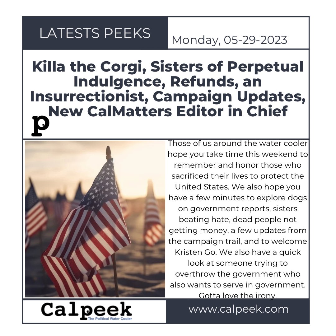 CalpeekOnline's tweet photo. Happy Memorial Day 🇺🇸 🔗 Read all the latest peeks 👀  in our bio. #Killathecorgi #sistersofperpetualindulgence #Dogers #Refunds #Insurrectionist #Democrats #CalMatters
#calpeek #thepoliticalwatercooler #latestspeeks #politicalinsights #politicalgossip #politics https://t.co/aoGdh9MkIb
