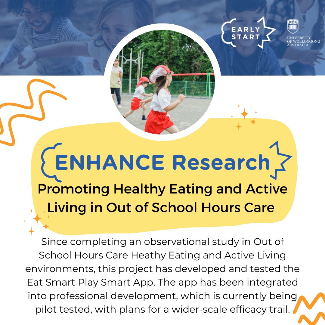 #UOWENHANCE are collaborating with <a href="/NSWHealth/">NSW Health</a>'s <a href="/SWSLHD/">South Western Sydney Local Health District</a> and @IllaShoalHealth to support educators and children in promoting healthy eating and active living in Out of School Hours Care (OSHC). What are some of your favourite health promoting programs in OSHC? #UOWresearch