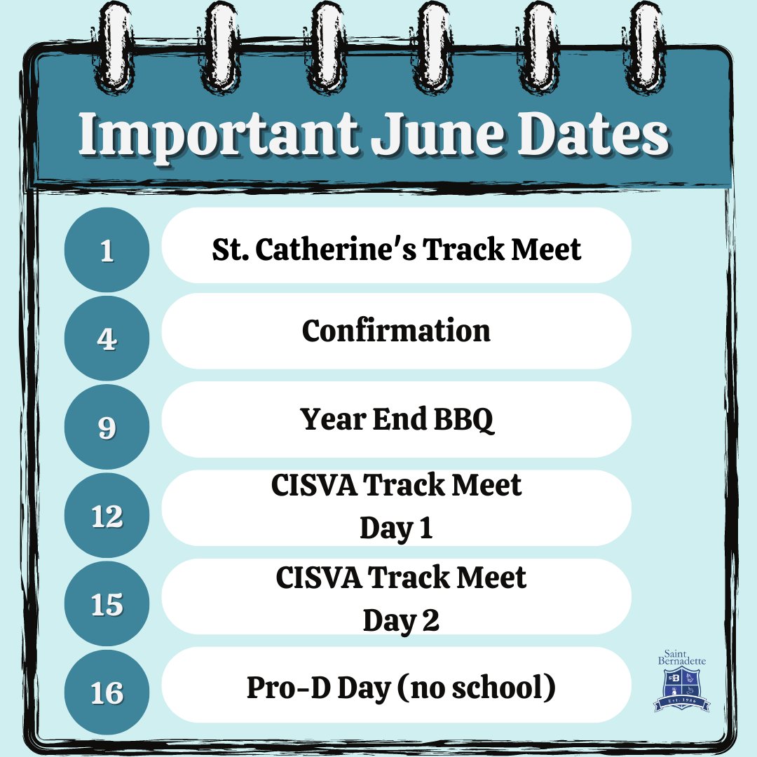 stbeeconnects's tweet photo. A heads up for some important upcoming dates in June #upcomingdates #junecalendar #stbeeparents @mvanderpauw https://t.co/m8rjjqlfIV