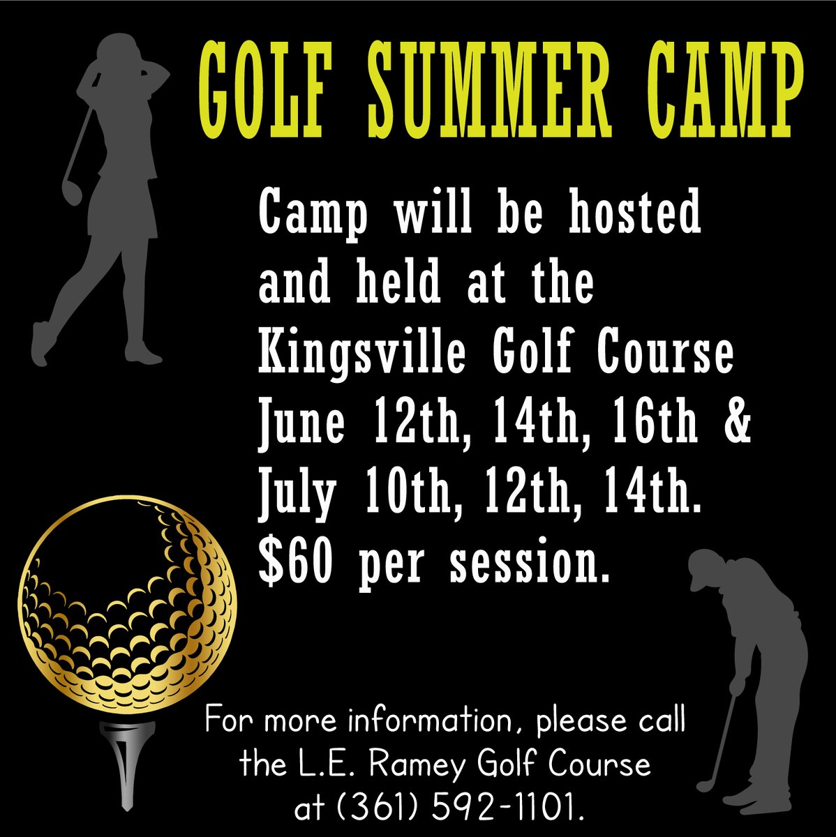 Kingsville ISD #GolfSummerCamp information! We are excited to work with the youth of our community! We can’t wait to see you all! #GoldStandard #BlackReign #braHMaKINGdom #GoBrahmasGo! NOTE: All dates and camps are subject to change. #BrahmaNation @PerezCissy ⛳️💪🖤💛⛳️