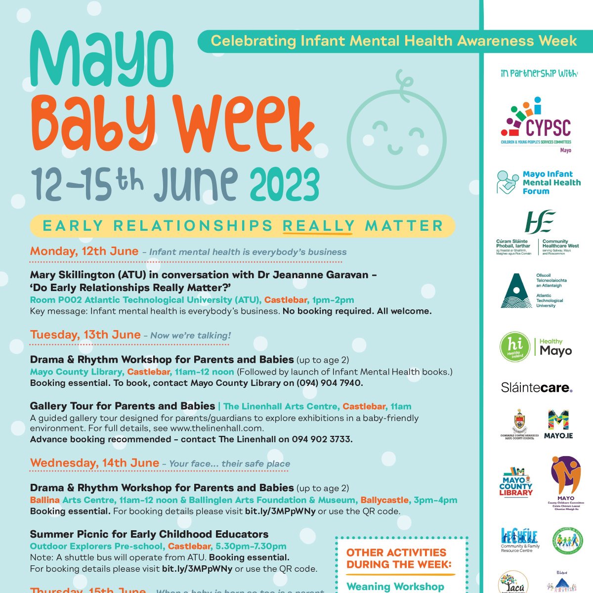 WestBeWell1's tweet photo. Running from next Monday, June 12 until Thursday, June 15, the theme of Mayo Baby Week 2023 is "Early Relationships Really Matter".
Find out more and access the full programme of events and booking details via the link below:
https://t.co/wuWXkTpskS
#MayoBabyWeek https://t.co/YZDOIHhBYa