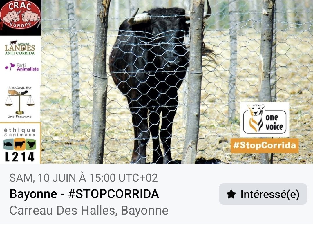 MANIFESTATION ANTI-CORRIDA / Nous vous attendons nombreuses et nombreux le 10 juin à #Bayonne et partout en France. L'Animal est une Personne sera a Bayonne aux côtés de @onevoiceanimal Pyrénées-Atlantiques, @CRAC_Europe (@Lisa40_64) ,  #CracEurope, @LandesAntiCo,…