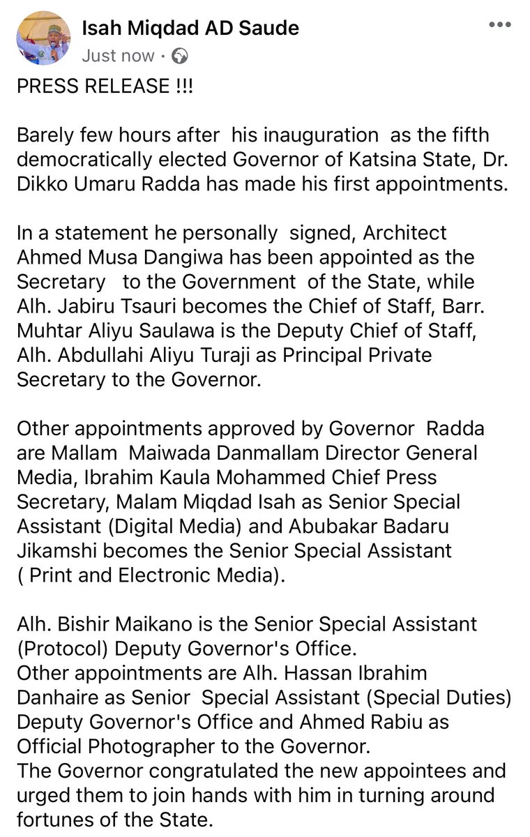 Press Release from Katsina State!!!