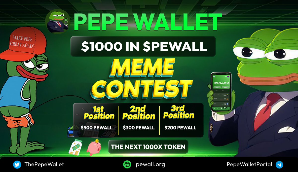MEME CONTEST🐸

#PEPEWALLET is the home of all Meme coins, it loves to have fun

$1000 in $PEWALL giveaway (in 48hrs)

*Requirements*👇

✅Follow @ThePepeWallet
✅Like, RT & Tag 3 Friends

Drop your Memes below 👇👇