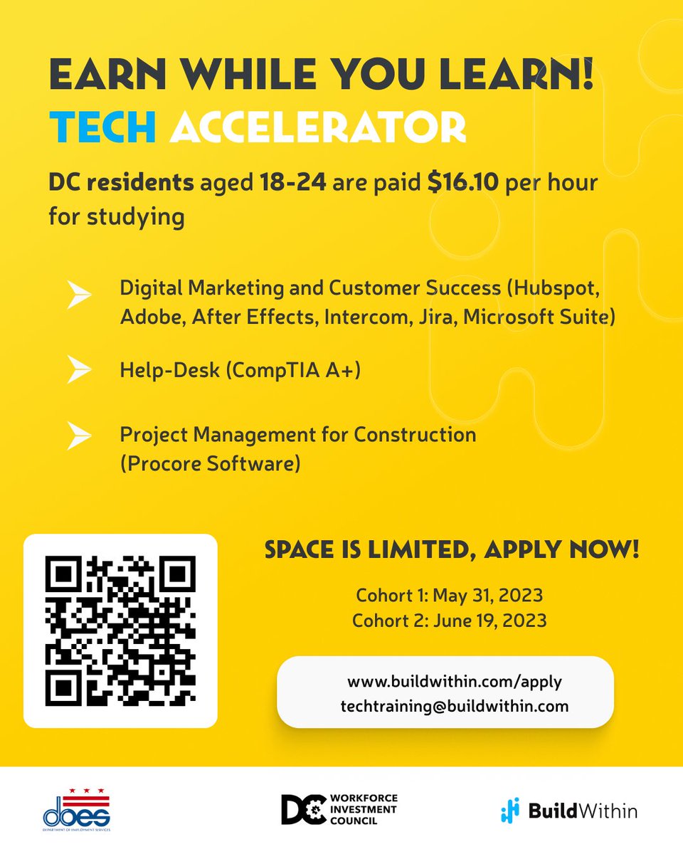 #DC residents! 👉 Get paid while you learn! 
$16.10 an hour - DC residents 18-24 $750.00 stipend for DC residents older than 24. 
▶️ Digital Marketing/Customer Success 
▶️ Project Management - Procore/Excel 
▶️ Help Desk (CompTIA A+) 
Space is limited. Apply now! 
#DCJOBS #DCTECH