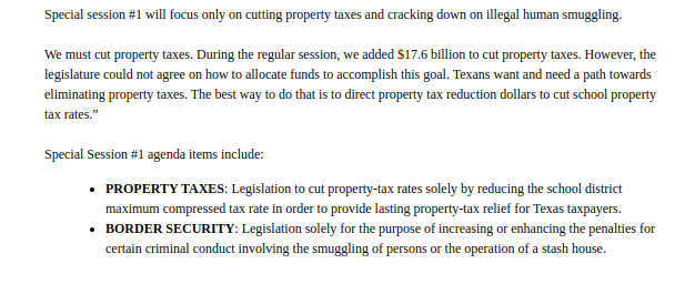 Breaking: @GovAbbott has officially set the start of the 88(1) special #txlege session for tonight at 9 pm. The agenda includes property taxes and border security. #txlege