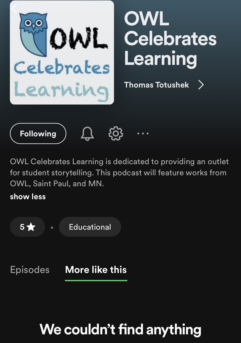 Thomas Totushek NBCT (@themathprophet) on Twitter photo <a href="/StPaulOpen/">Open World Learning</a> has a podcast OWL Celebrates Learning (<a href="/OWLCelebrates/">OWL Celebrates Learning</a>) this is unlike anything you’ve experienced. How do I know? Spotify says there is nothing like it in their podcast library. Take a listen! Stories told by OWL students. <a href="/ELeducation/">EL Education</a> <a href="/StPaulOpen/">Open World Learning</a> has a podcast OWL Celebrates Learning (<a href="/OWLCelebrates/">OWL Celebrates Learning</a>) this is unlike anything you’ve experienced. How do I know? Spotify says there is nothing like it in their podcast library. Take a listen! Stories told by OWL students. <a href="/ELeducation/">EL Education</a>