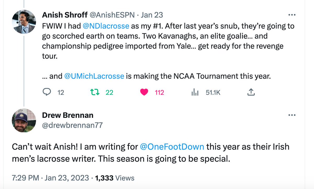 Great work @AnishESPN, you and I were right about @NDlacrosse....