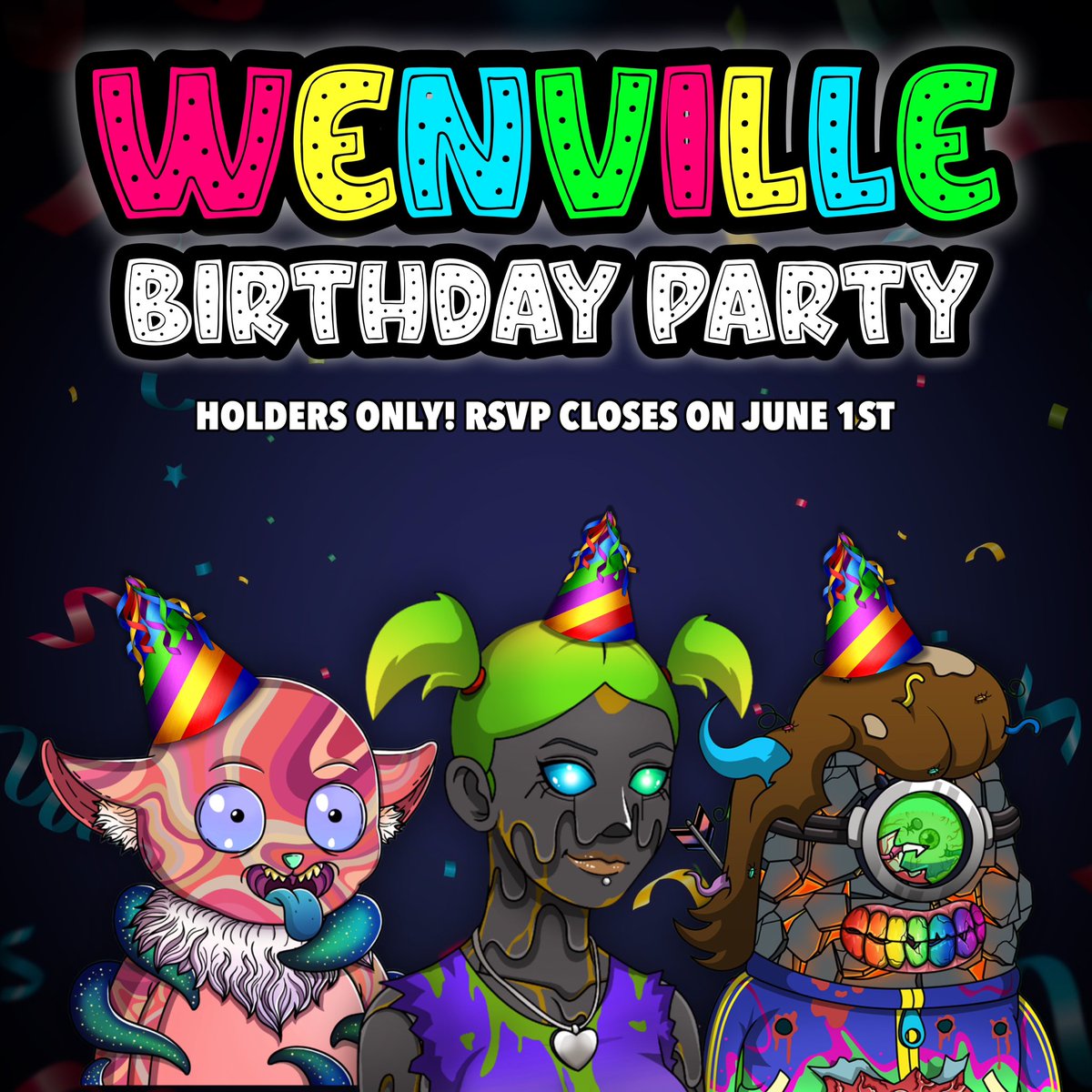 WenvilleHQ's tweet photo. 🎉 Wenville Birthday Party! 🎉
We will be celebrating our one year Birthday on June 3rd! Holders of any collection can RSVP inside our discord in the Birthday Party channel! Full details will be announced on June 1st!
Don’t miss out! 🎉
#mootz #leftoverz #bittiez #solana #eth https://t.co/Qx9VLxgNcx