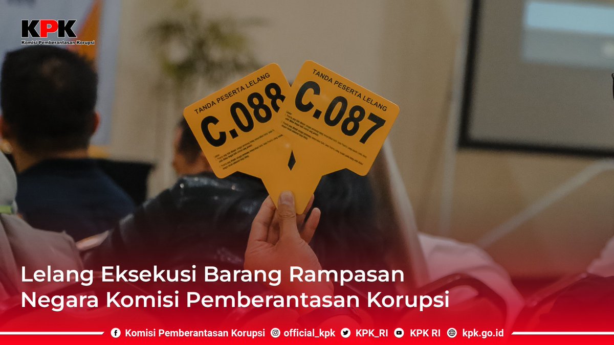 KPK_RI's tweet photo. [PENGUMUMAN LELANG] KPK akan melaksanakan lelang eksekusi barang rampasan melalui Kantor Pelayanan Kekayaan Negara & Lelang (KPKNL) Jakarta III dengan penawaran secara tertutup tanpa kehadiran peserta lelang atau closed bidding melalui https://t.co/POuloFszwU, 8 Juni 2023. (1/2)
https://t.co/Qjuv8SVloP

#LelangKPK