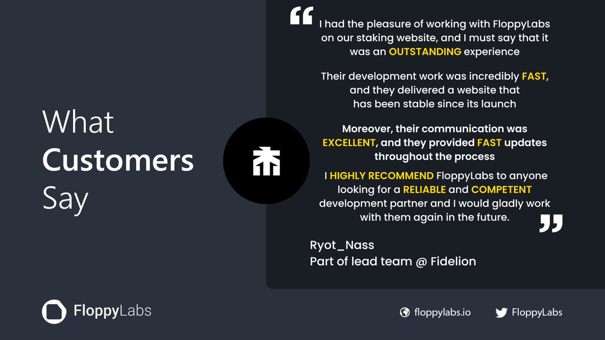 FloppyLabs: Next Generation Staking (@floppylabs) on Twitter photo "I HIGHLY RECOMMEND FloppyLabs to anyone looking for a RELIABLE and COMPETENT development partner" - <a href="/gmryot/">Ryot 룟 | Liquid Everything</a> team member at <a href="/FidelionNFT/">Fidelion \191\</a> "I HIGHLY RECOMMEND FloppyLabs to anyone looking for a RELIABLE and COMPETENT development partner" - <a href="/gmryot/">Ryot 룟 | Liquid Everything</a> team member at <a href="/FidelionNFT/">Fidelion \191\</a>