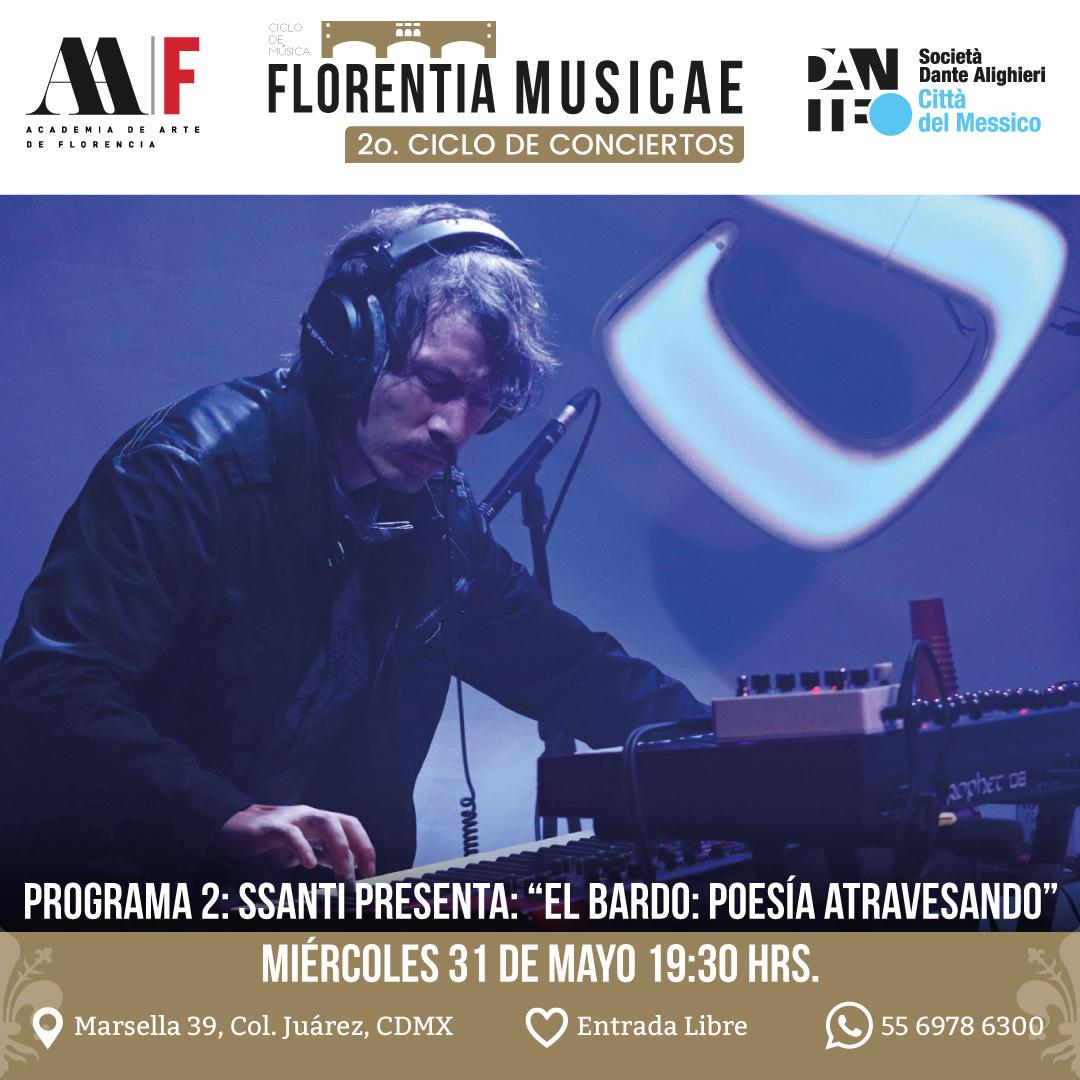 AArteFlorencia's tweet photo. Asiste  al Concierto  de SSanti ( Insta: https://t.co/HM7HPRFFJF ).  Presenta: "El Bardo: Poesía Atravesando". Miércoles 31 de mayo en el auditorio Aldo Cecchetti de la Academia de Arte de Florencia. Marsella 39, Col. Juárez, CDMX. #EntradaLibre #FlorentiaMusicae #VifeLaAAF https://t.co/mYofPNeMQ5