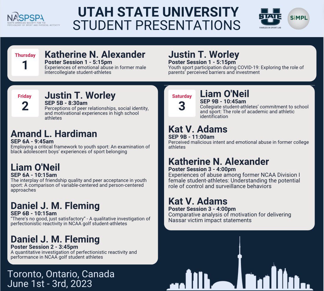 Attending @NASPSPA this week in Toronto? Interested in emerging research on youth and intercollegiate sport? Come see our @USUAggies students present their work…

@ktalexander33 @justinworley18 @AmandHardiman @LIAM0NEIL @DanielJMFleming @jumpingkat