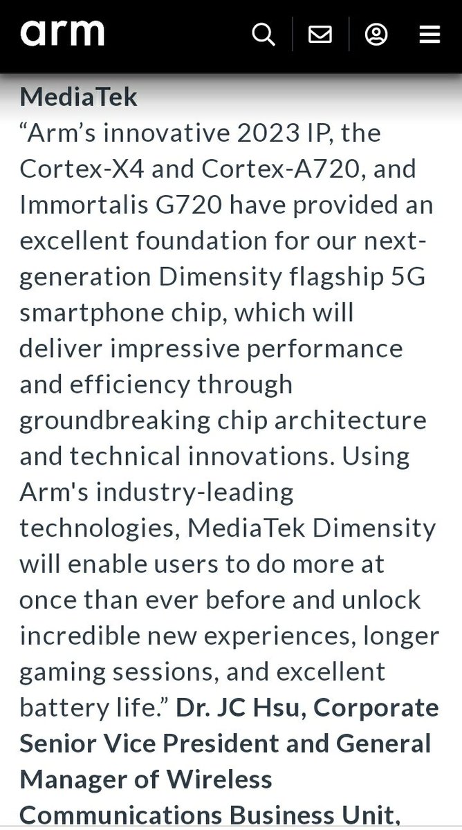 Confirmed via DCS. Mediatek Dimensity 9300. CPU: 4x4 + 4xA720. Although there is no mention of using the Immortalis GPU, but at the press conference Arm explained quite a lot more. 

#MediatekDimensity9300