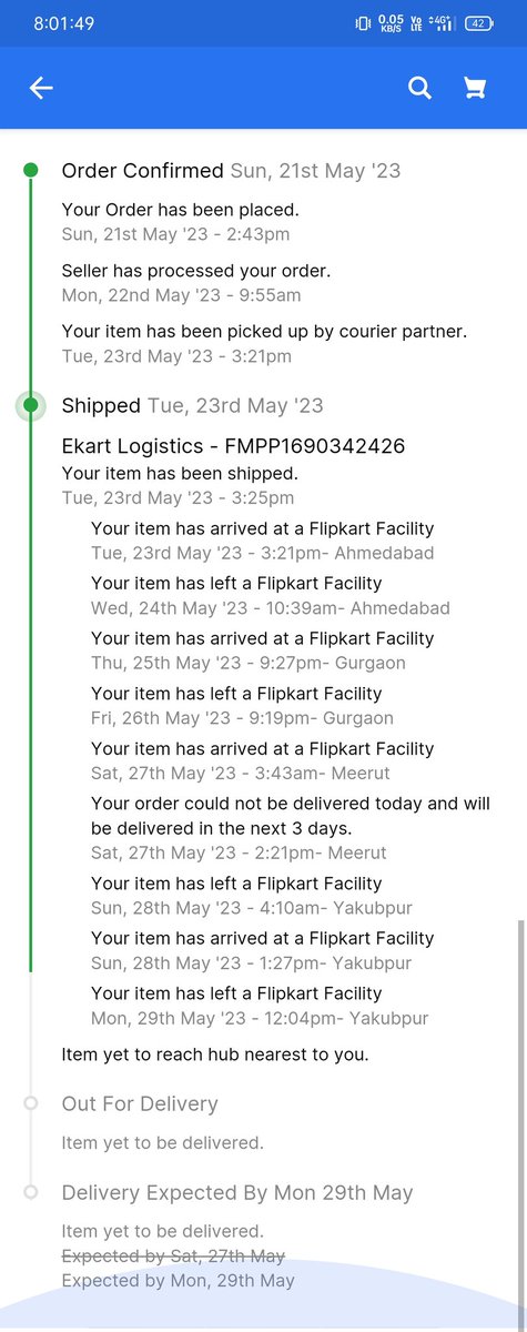 @Flipkart       delivery expected by 27may sorry 29may.   sorry.