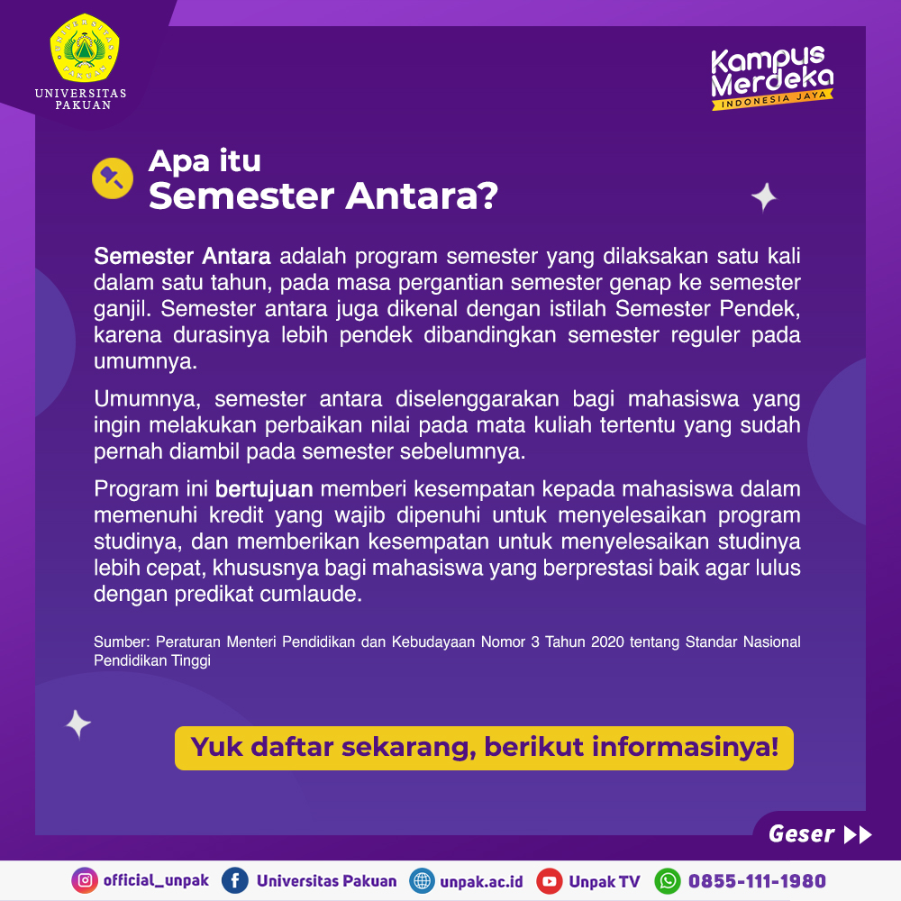 official_unpak's tweet photo. #UnpakInfo

Pendaftaran Semester Antara Tahun Akademik 2022/2023 telah dibuka!
Yuk daftar dan simak informasinya ya.

#unpakbogor #kampusmerdeka #siupunpak https://t.co/kwrVfUscpP