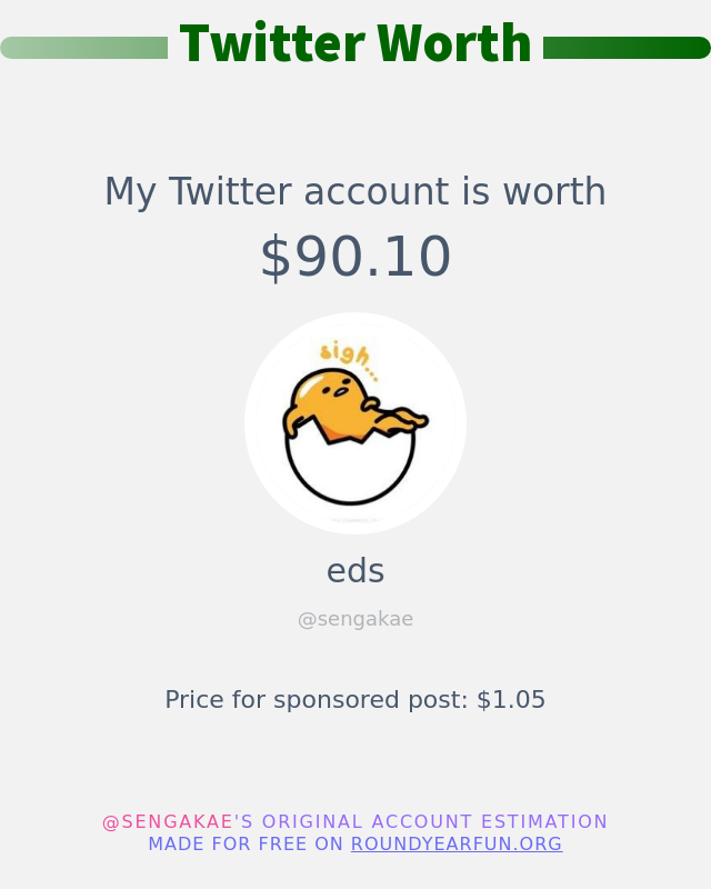 sengakae's tweet photo. My Twitter worth is: $90.10

➡️ https://t.co/gLBFneMrZM https://t.co/GCdVE966AE