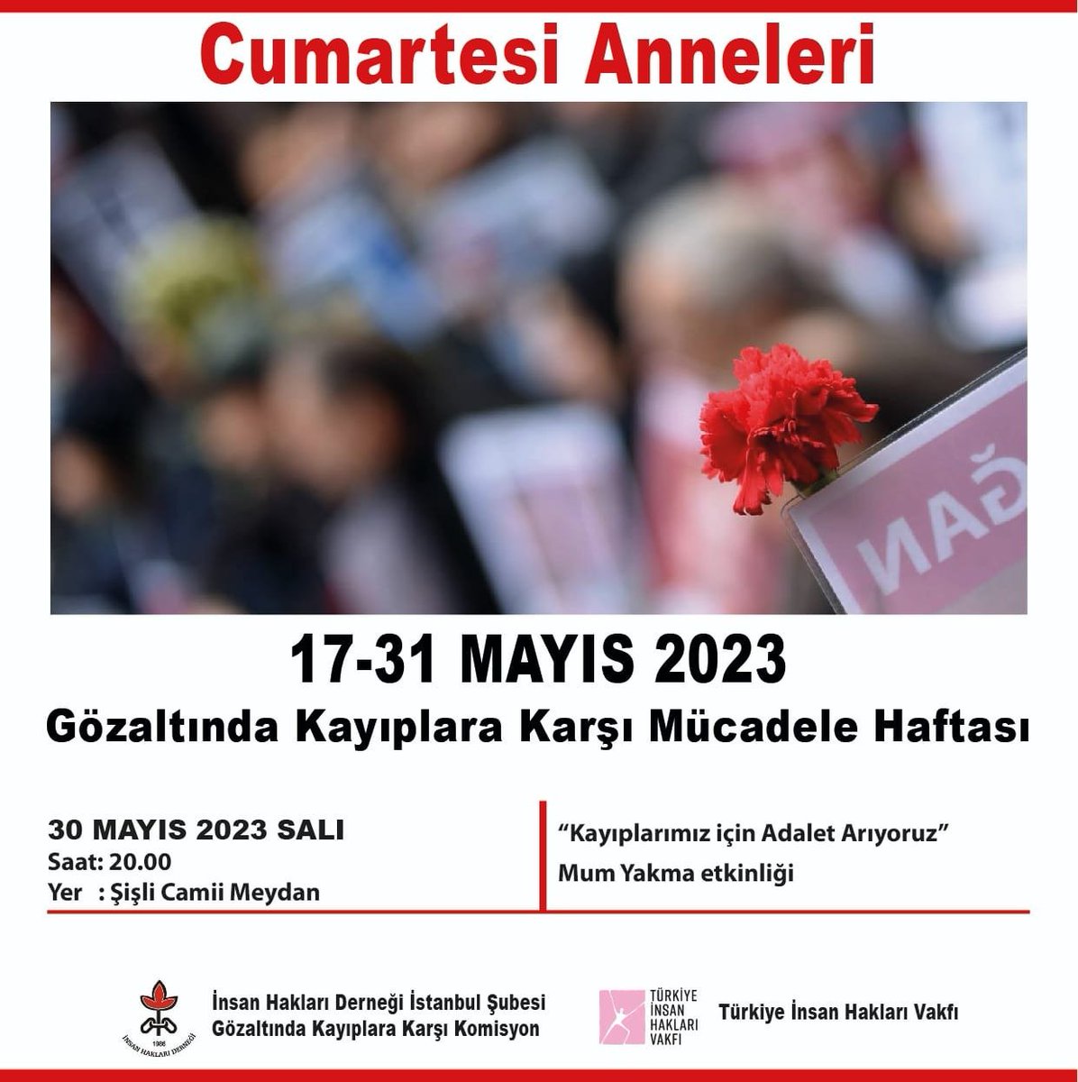 🕯️'Kayıplarımız için Adalet Arıyoruz' 🕯️

🗓️30 Mayıs 2023, Salı 
⏰ 20.00 
📍Şişli Camii Meydan

@CmrtesiAnneleri @ihdistanbul