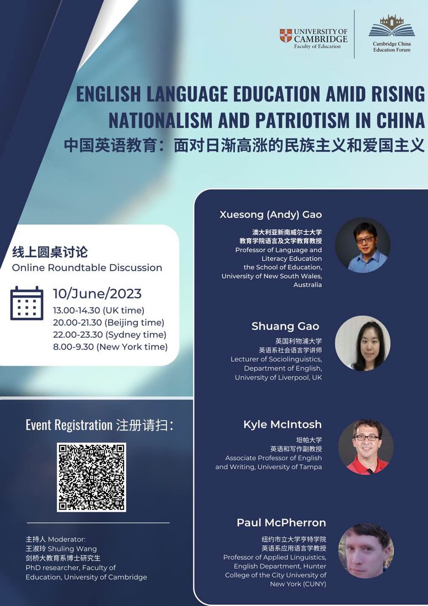 ForumCambridge's tweet photo. The first workshop of 2023CCEF!
Online roundtable discussion on 10 June 2023 will discuss the English language education amid rising nationalism and patriotism in China. If you are interested, please scan the QR code below and register now! https://t.co/WqgE9MxN0t