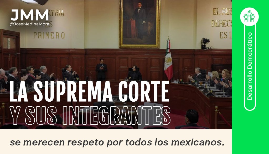 JoseMedinaMora's tweet photo. Hacemos un llamado a la sociedad mexicana para que defiendan y respeten a los miembros de La @SCJN y eviten la polarización que se ha formado en los últimos años. 🇲🇽⚖️

#JMM #Unidad https://t.co/qandnqxAp1