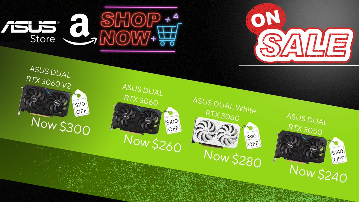 ASUSGraphicsNA's tweet photo. The DUAL RTX 3050, 3060, &amp; 3060 V2 are all on sale at our ASUS Store and Amazon! A perfect choice for those wanting to upgrade and experience DLSS 2 or get into eSports and enjoy the benefits of NVIDIA Reflex! 🎯

Links below👇

#RTX3050 #RTX3060 #Asuspromo #asusdual https://t.co/MPqjIsl6ef
